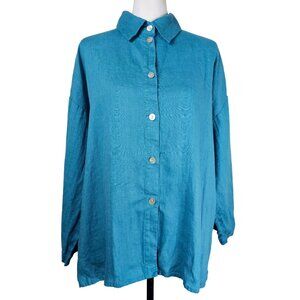 Christopher Calvin Button-Up Linen Shirt L Turquoise Coastal Lagenlook Relaxed‎